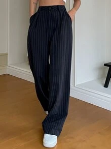 DAZY 条纹印花阔腿西装裤，女士商务正装裤 - 藏蓝色 - 查看 5