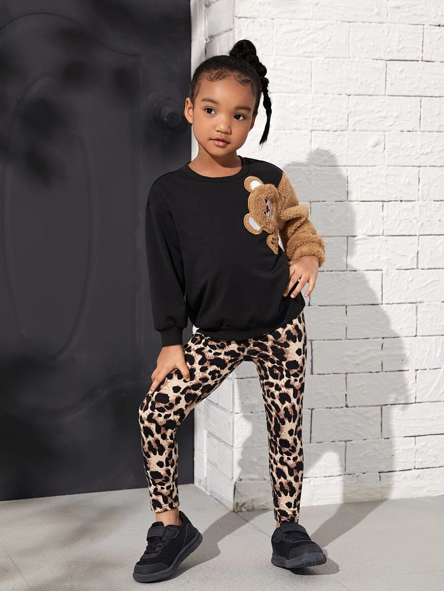 SHEIN Fille Ensemble legging à léopard et sweat-shirt à motif d'ours - Multicolore - Voir 1