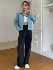 DAZY 条纹印花阔腿西装裤，女士商务正装裤 - 藏蓝色 - 查看 6