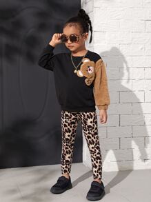 SHEIN Fille Ensemble legging à léopard et sweat-shirt à motif d'ours - Multicolore - Voir 3