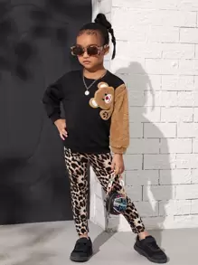 SHEIN Fille Ensemble legging à léopard et sweat-shirt à motif d'ours - Multicolore - Voir 5