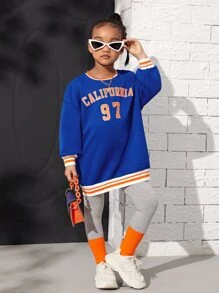 SHEIN Cô Gái Trẻ Đồ họa Chữ cái Thả vai Sọc trang trí Áo nỉ - Màu xanh lam - Xem 1