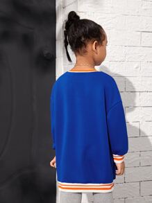 SHEIN Cô Gái Trẻ Đồ họa Chữ cái Thả vai Sọc trang trí Áo nỉ - Màu xanh lam - Xem 2