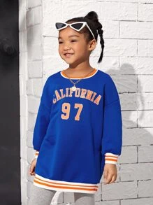 SHEIN Cô Gái Trẻ Đồ họa Chữ cái Thả vai Sọc trang trí Áo nỉ - Màu xanh lam - Xem 4