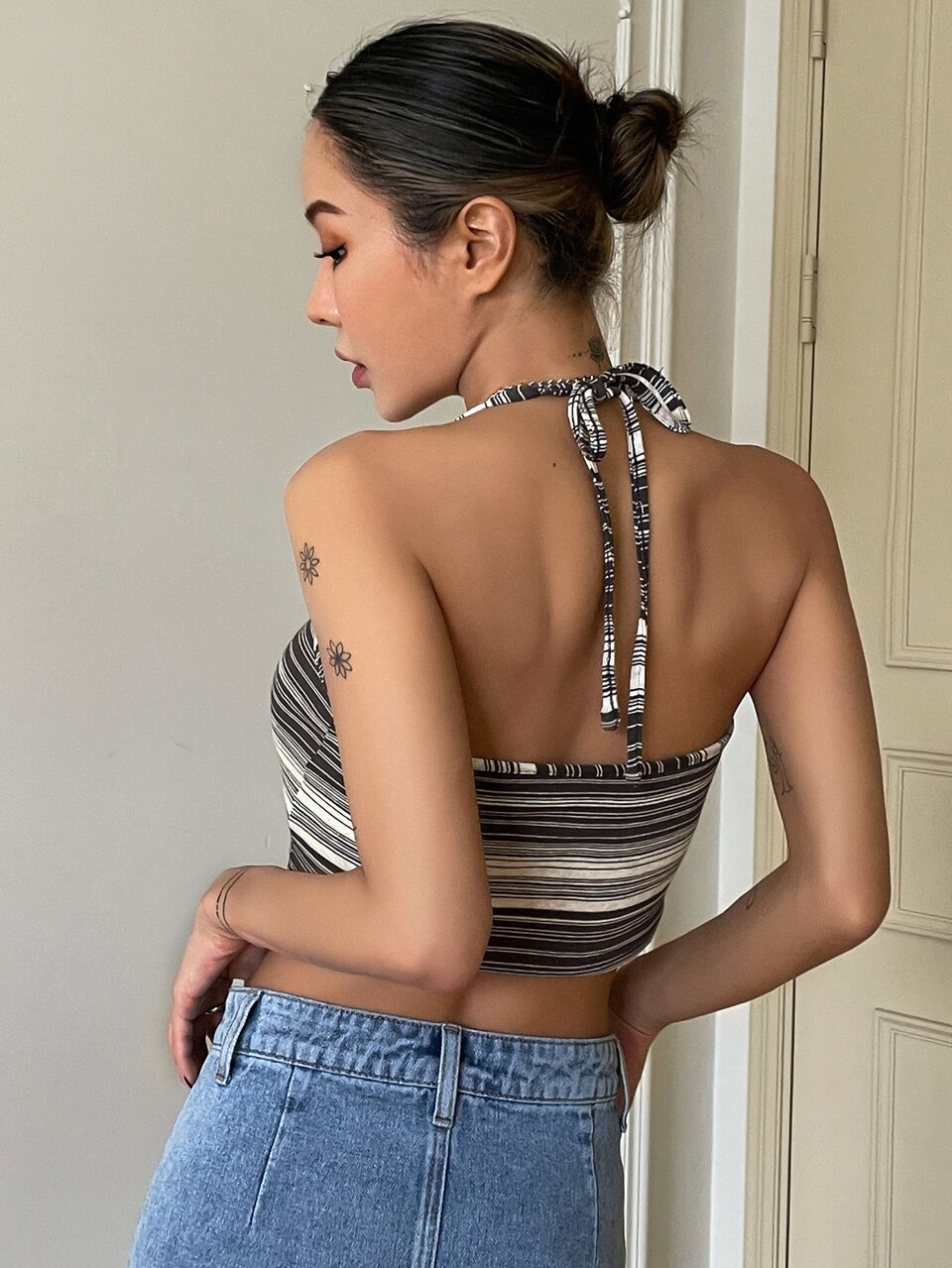 Striped Crop Halter Top & Open Front Top