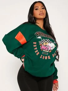 SHEIN SXY Áo nỉ Đồ họa ô tô và chữ cái Thả vai - Màu xanh lá cây đậm - Xem 3