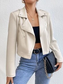EMERY ROSE Lapel Neck Zip Up Suedette Biker Jacket - Beige - View 3
