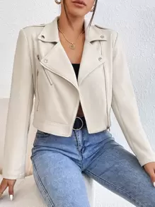 EMERY ROSE Lapel Neck Zip Up Suedette Biker Jacket - Beige - View 4