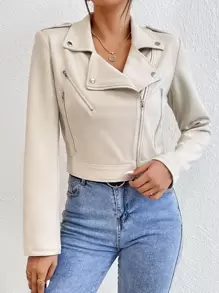 EMERY ROSE Lapel Neck Zip Up Suedette Biker Jacket - Beige - View 6