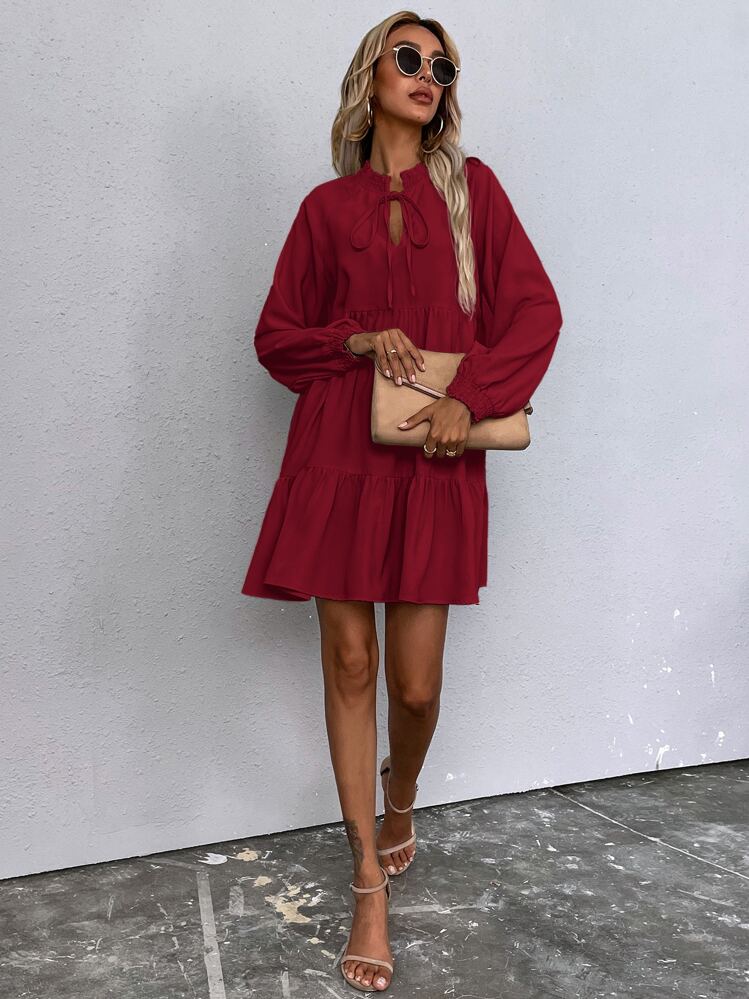 SHEIN LUNE Tie Neck Lantern Sleeve Smock Dress | SHEIN USA