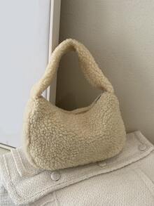 Fluffy Top Handle Satchel Bag - Khaki - View 2