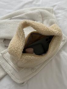 Fluffy Top Handle Satchel Bag - Khaki - View 4