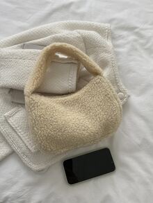 Fluffy Top Handle Satchel Bag - Khaki - View 5