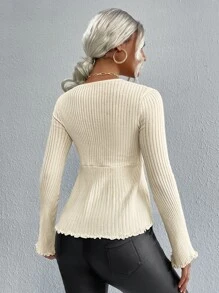 SHEIN Frenchy 前打結木耳邊條紋針織套頭毛衣 - 米色 - 查看 2