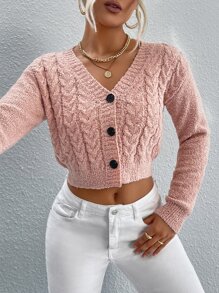 Cárdigan corto tejido de cable - Rosa coral - Ver 1
