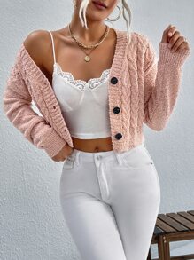 Cárdigan corto tejido de cable - Rosa coral - Ver 3