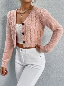 Cárdigan corto tejido de cable - Rosa coral - Ver 4