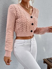 Cárdigan corto tejido de cable - Rosa coral - Ver 5