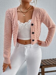 Cárdigan corto tejido de cable - Rosa coral - Ver 6