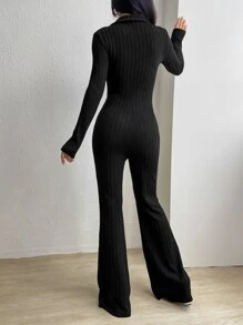 SHEIN EZwear Textured Bootcut Leg Jumpsuit Without Belt - Black - View 2