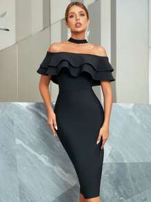 繞頸荷葉邊緊身連衣裙 - 黑色 - 查看 1