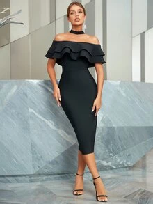 繞頸荷葉邊緊身連衣裙 - 黑色 - 查看 3