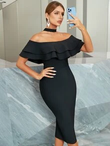 繞頸荷葉邊緊身連衣裙 - 黑色 - 查看 10