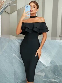 繞頸荷葉邊緊身連衣裙 - 黑色 - 查看 8