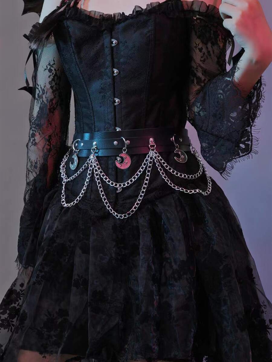 Moon & Chain Charm Belt - Black - View 1