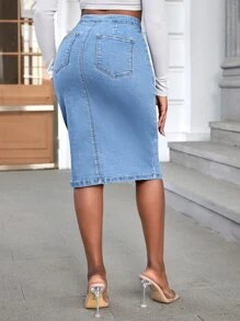 SHEIN SXY Button Fly Split Hem Denim Skirt - Light Wash - View 2