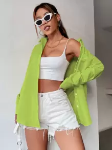 SHEIN Unity 翻領前口袋超大襯衫 - 青檸色 - 查看 3