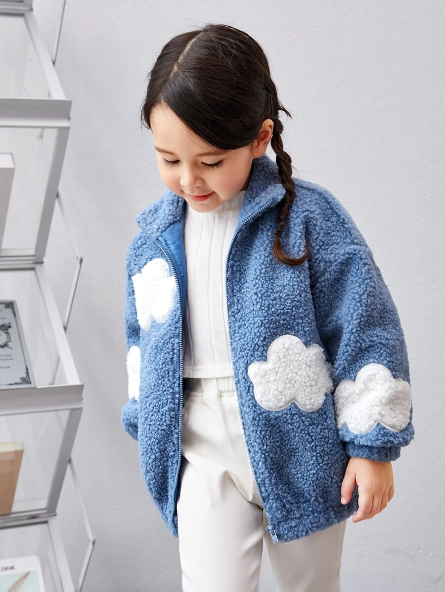 SHEIN Toddler Girls Zip Up Drop Shoulder Teddy Jacket - Baby Blue - View 1