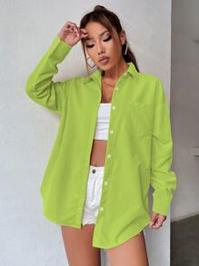 SHEIN Unity 翻領前口袋超大襯衫 - 青檸色 - 查看 4