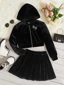 SHEIN Girls Rhinestone Bow & Unicorn Pattern Velvet Hoodie & Pleated Skirt - Black - View 2
