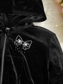 SHEIN Girls Rhinestone Bow & Unicorn Pattern Velvet Hoodie & Pleated Skirt - Black - View 4
