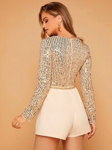 SHEIN BAE 拼接細節亮片拼接連身短褲不附腰帶 - 杏色 - 查看 3