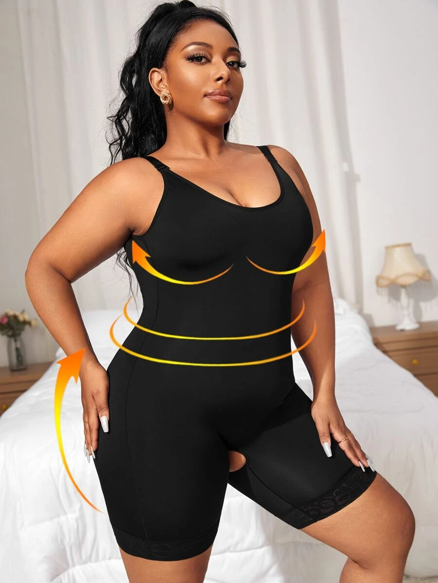 Plus Contrast Lace Crotchless Shapewear Unitard Romper - Black - View 1