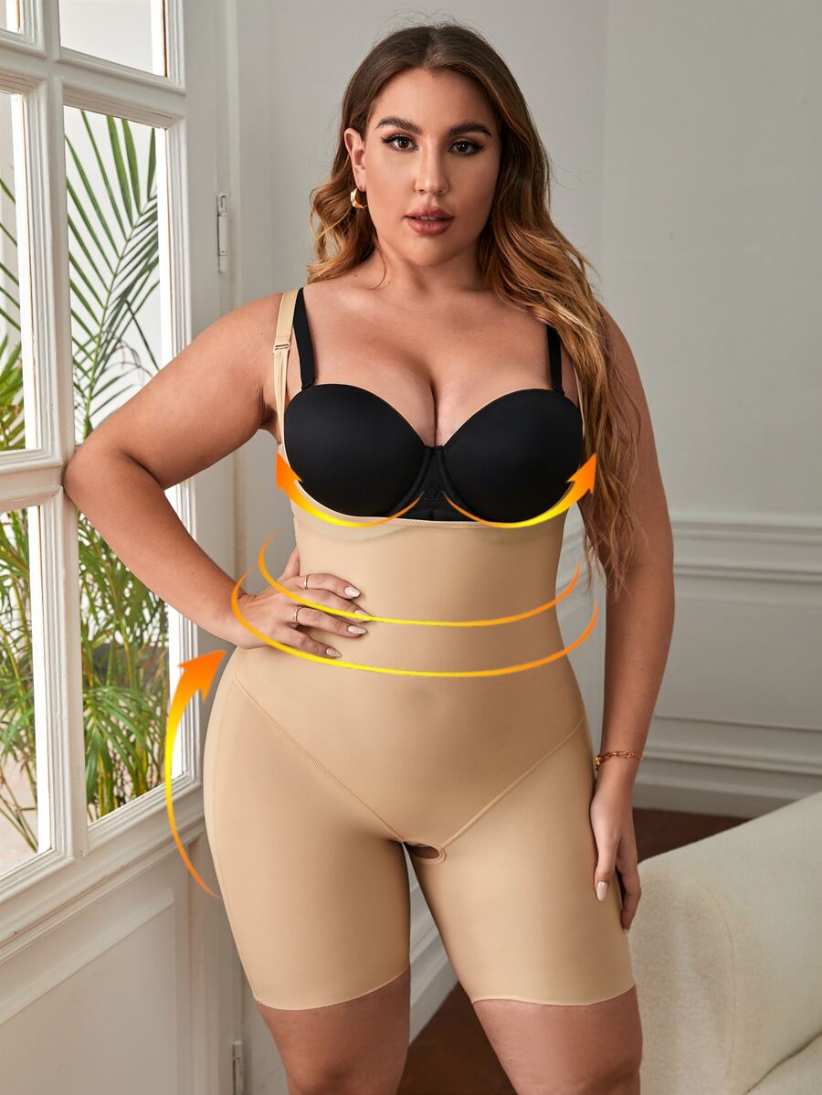 Plus Crotchless Shapewear Romper Without Bra - Apricot - View 1