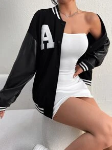 Muchica Letter Patched Striped Trim Drop Shoulder Varsity Jacket - Black - View 5