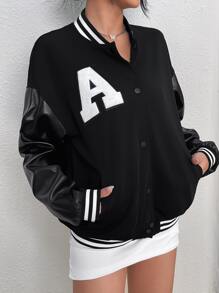 Muchica Letter Patched Striped Trim Drop Shoulder Varsity Jacket - Black - View 2