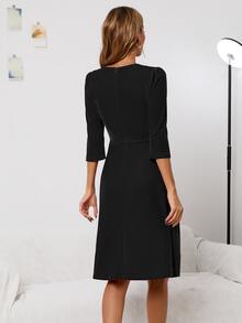 Pearls Detail Solid A-line Formal Dress - Black - View 2