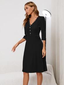 Pearls Detail Solid A-line Formal Dress - Black - View 3