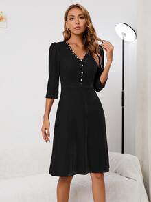 Pearls Detail Solid A-line Formal Dress - Black - View 5