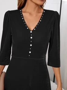 Pearls Detail Solid A-line Formal Dress - Black - View 6