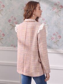 SHEIN MOD Eyelet Embroidery Ruffle Trim Flap Detail Tweed Overcoat - Multicolor - View 6