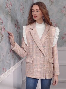 SHEIN MOD Eyelet Embroidery Ruffle Trim Flap Detail Tweed Overcoat - Multicolor - View 4