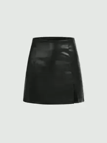 SHEIN MOD Solid Split Hem PU A Pendulum Black Skirt - Black - View 1