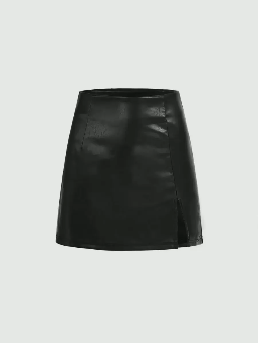 SHEIN MOD Solid Split Hem PU A Pendulum Black Skirt - Black - View 1