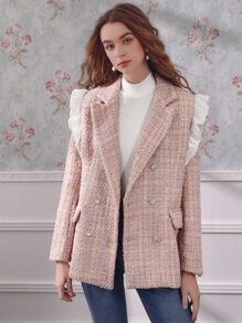 SHEIN MOD Eyelet Embroidery Ruffle Trim Flap Detail Tweed Overcoat - Multicolor - View 3