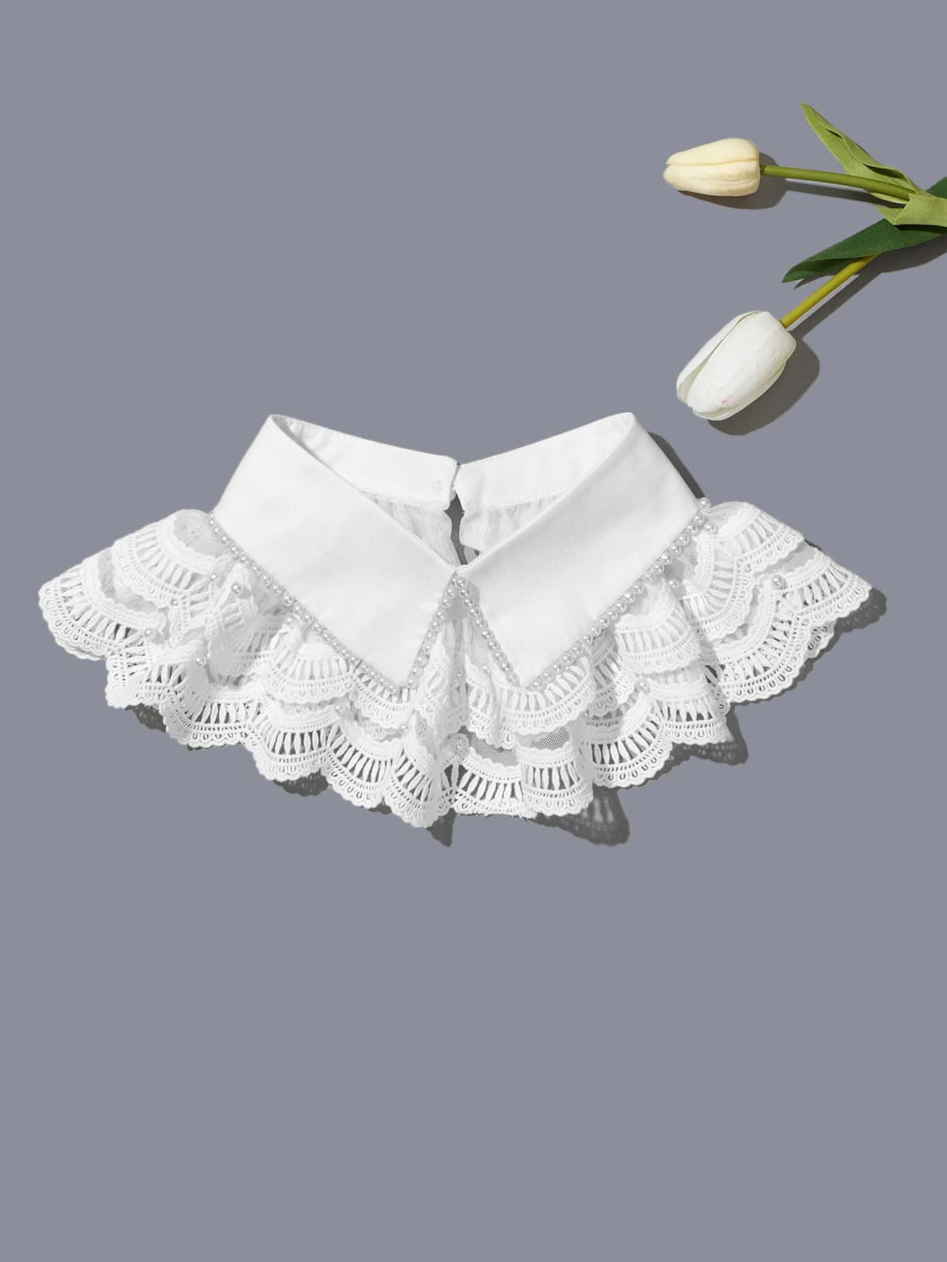 人造珍珠裝飾蕾絲拼接假領子 - 白色 - 查看 1